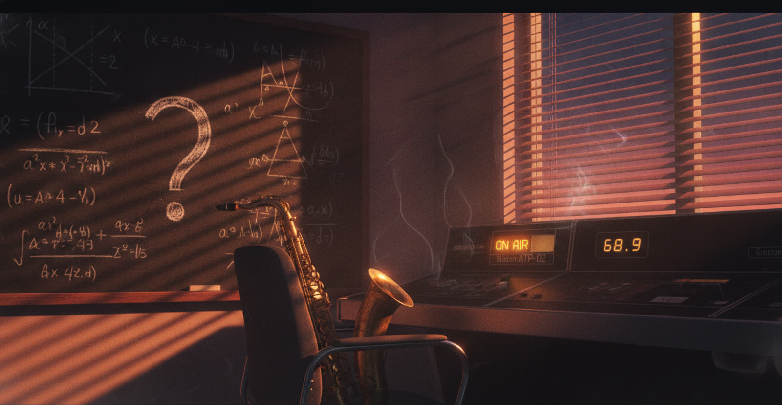 A late-night radio studio corner: saxophone against a console chair, ON AIR lamp, chalkboard of crossed-out formulas with one big question mark