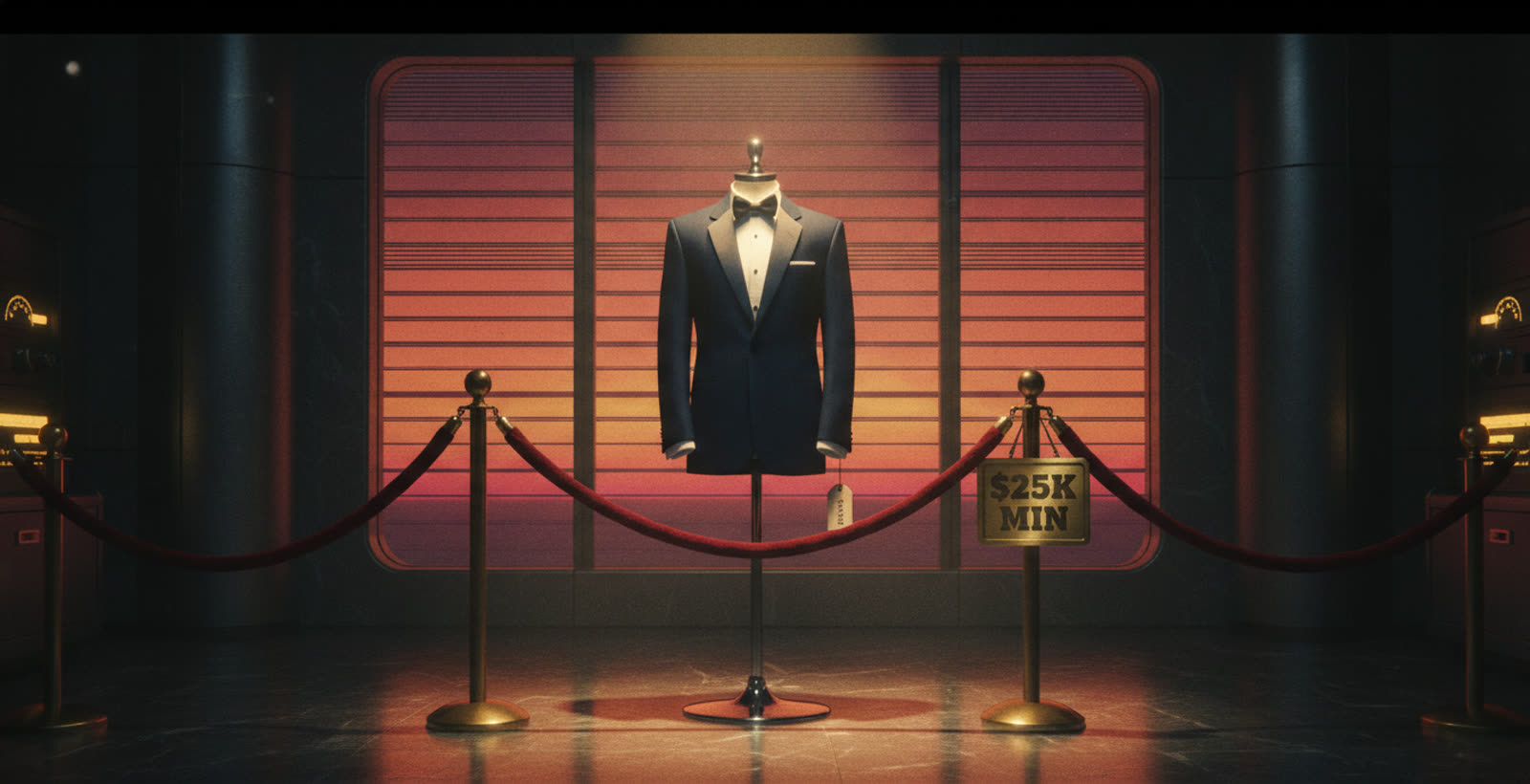 An empty tuxedo on a mannequin behind a velvet rope, price tag turned backwards, brass plaque reading $25K MIN