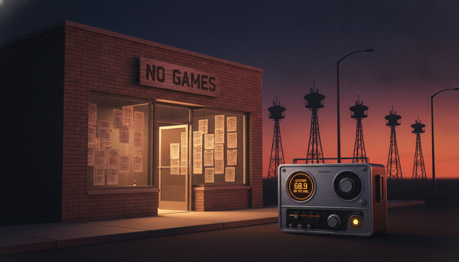A plain brick brokerage storefront at golden hour, window papered with posted prices and disclosures, sign reading NO GAMES