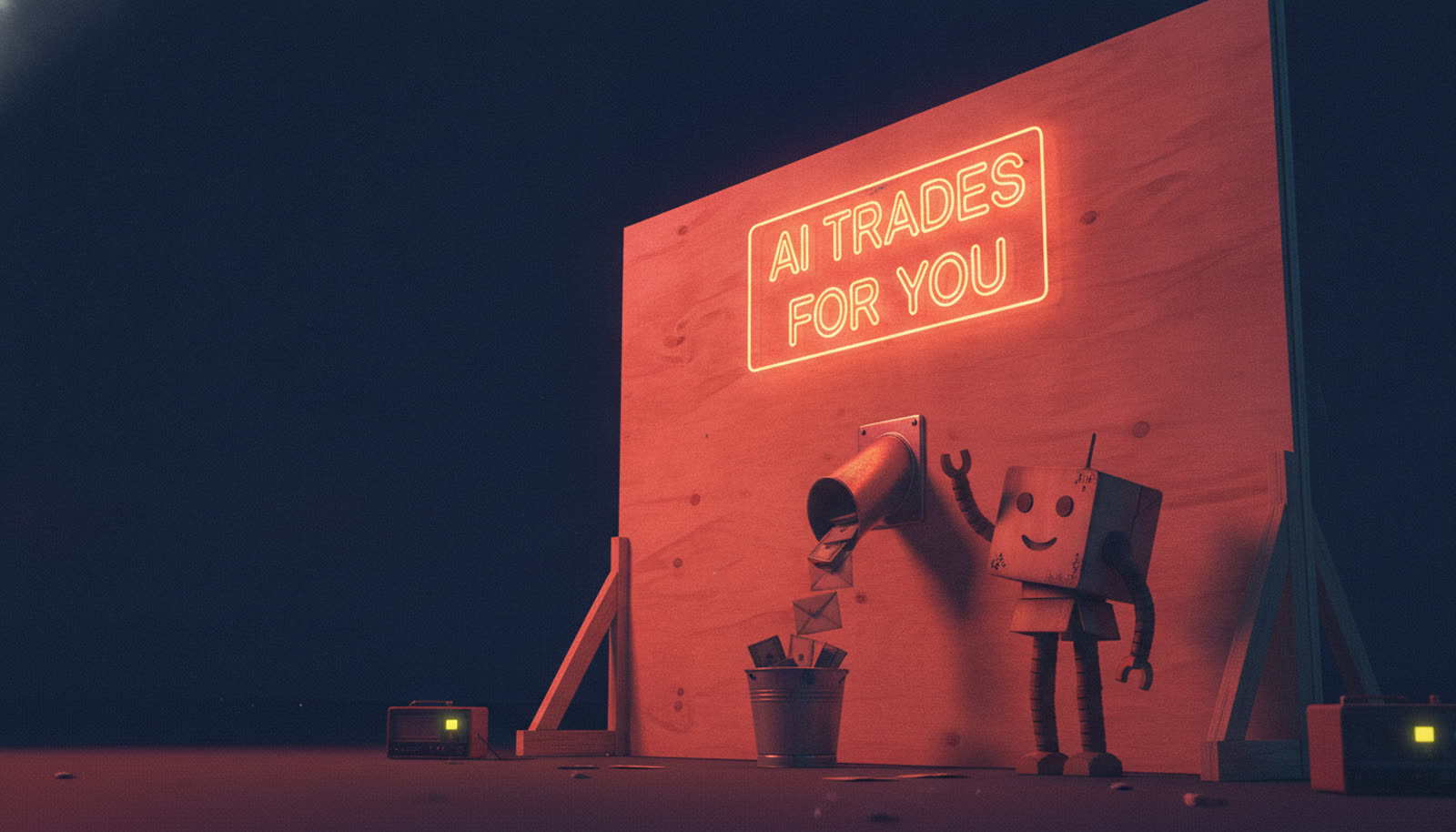 A false-front facade with a neon AI TRADES FOR YOU sign, nothing behind it but a funnel dropping cash into a bucket