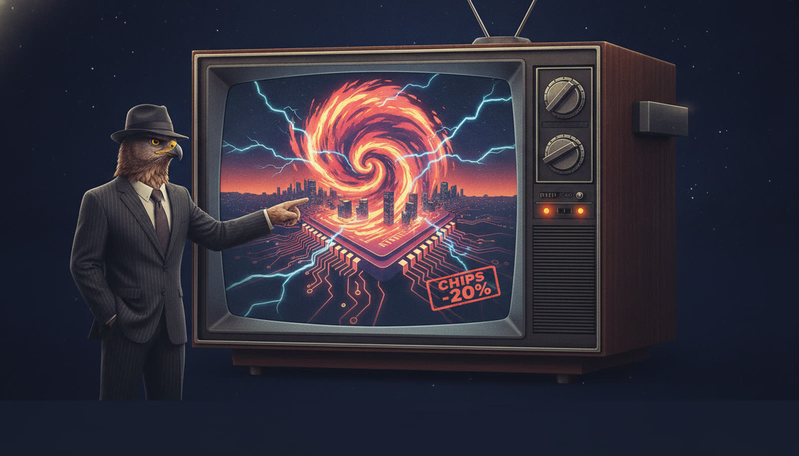 Retro TV weather map: a storm over a silicon-chip continent, stamped CHIPS -20%, with a hawk in a suit as weatherman