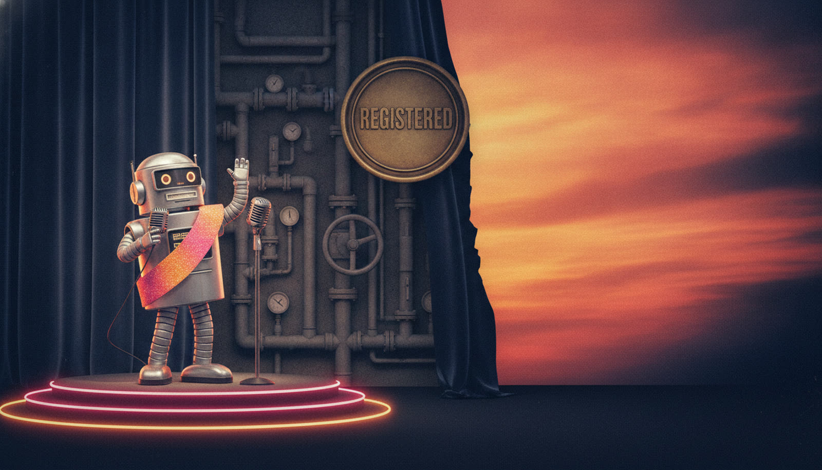 A chrome robot mascot on stage while registered industrial plumbing works behind the curtain