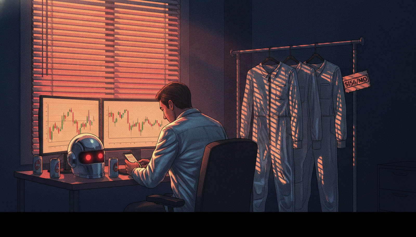 A man texting trade setups at a desk beside a rack of robot costumes tagged $156/MO