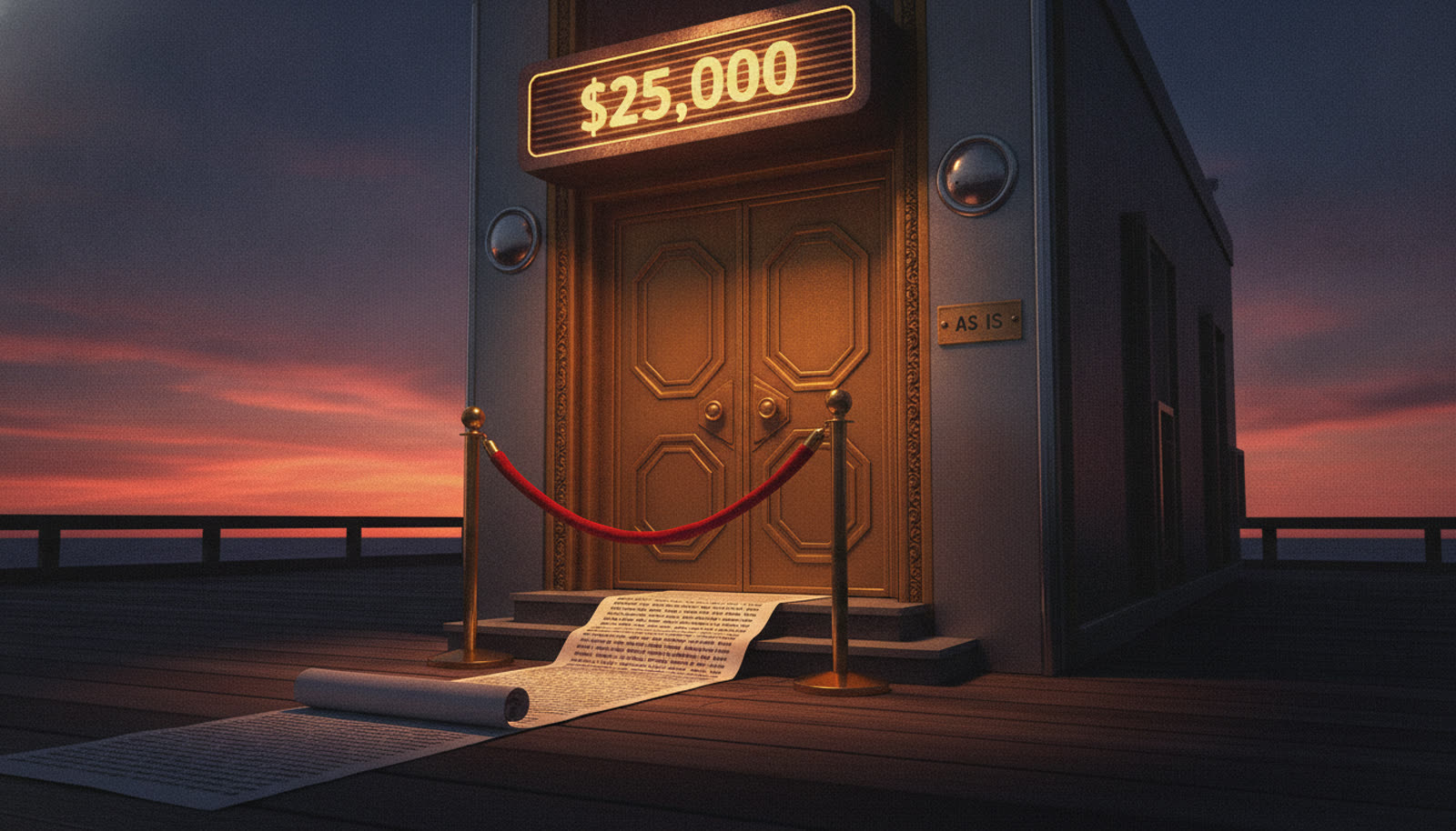 A $25,000 marquee over a velvet-rope doorway with a fine-print scroll spilling down the steps