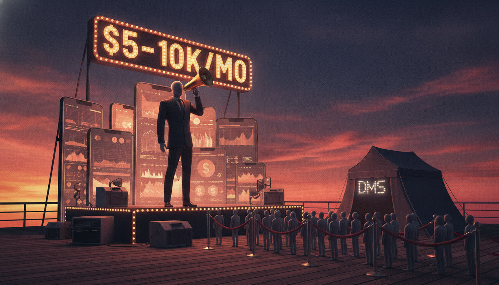 Editorial illustration: the $5-10K/month showman and the DM tent