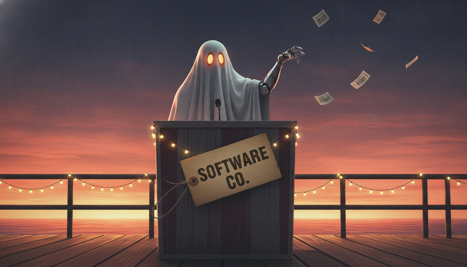 Editorial illustration: the software company in an AI ghost costume