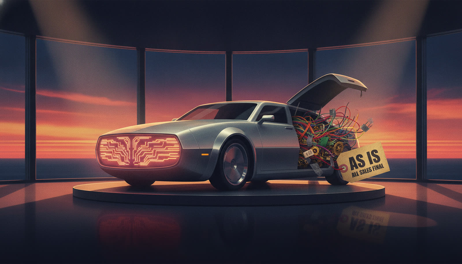 Editorial illustration: as-is self-driving car, all sales final