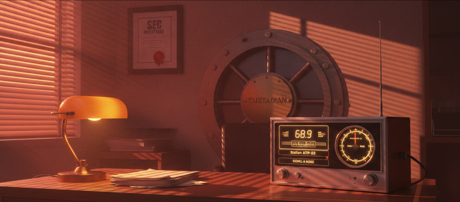 Calm adviser office at golden hour with an SEC Registered certificate and a bank vault door