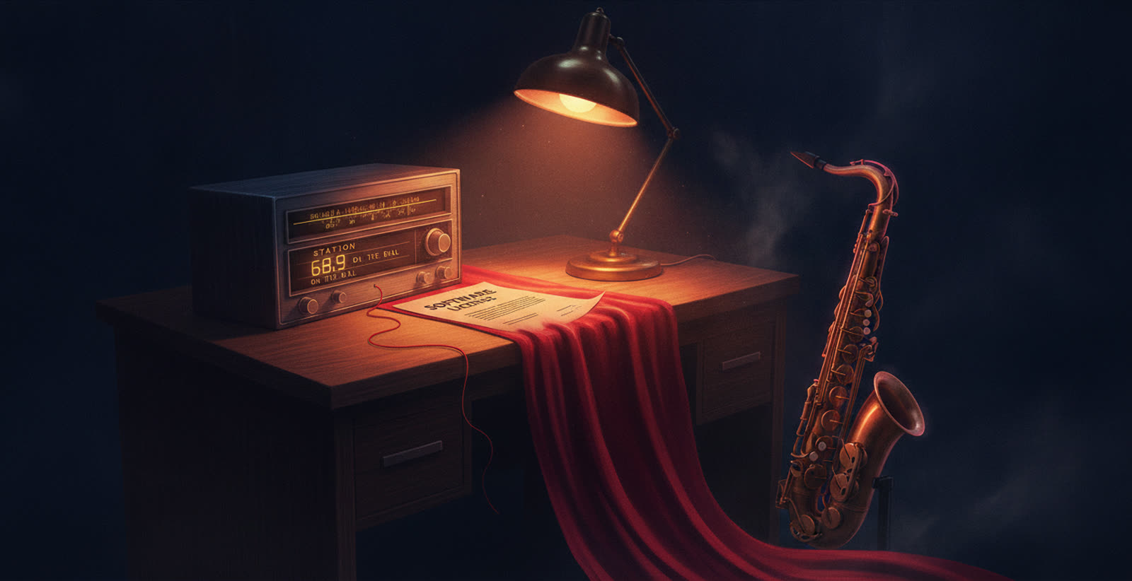 Noir desk with a saxophone and a Software License contract turning into red costume fabric