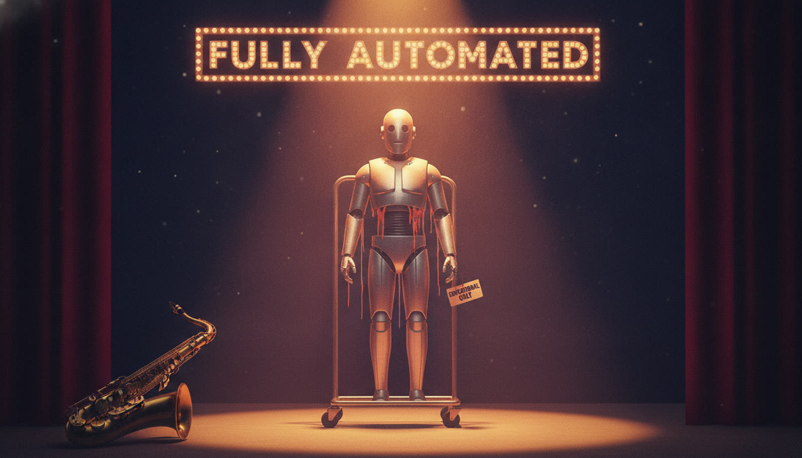 Empty robot costume on a stage rack, seams splitting, under a marquee reading Fully Automated