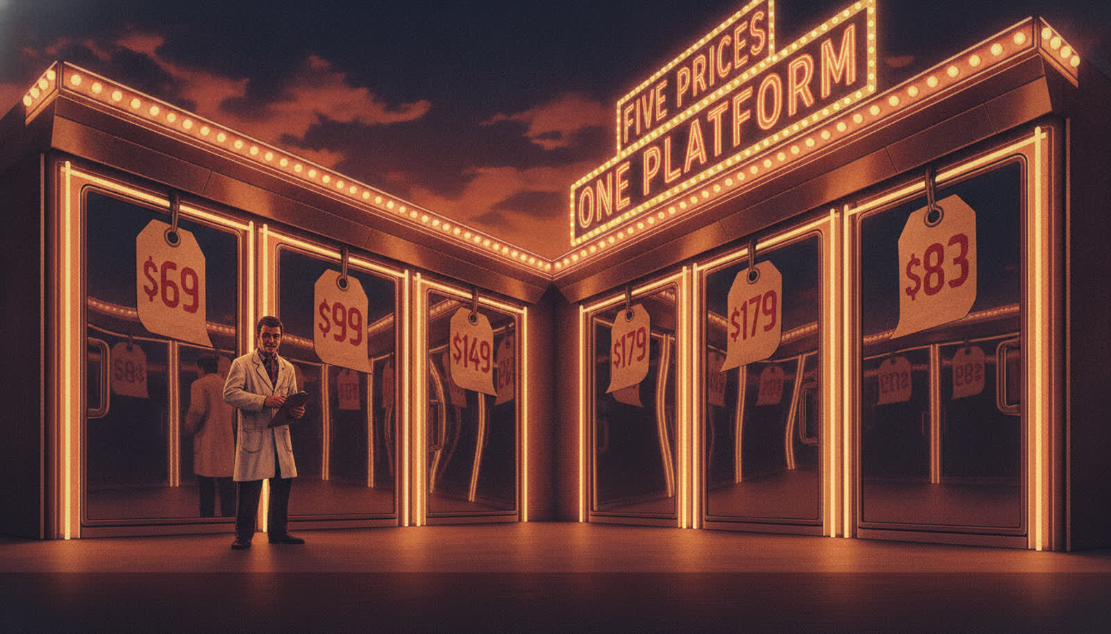 Carnival mirror maze of doorways with five different price tags under a sign reading Five Prices One Platform