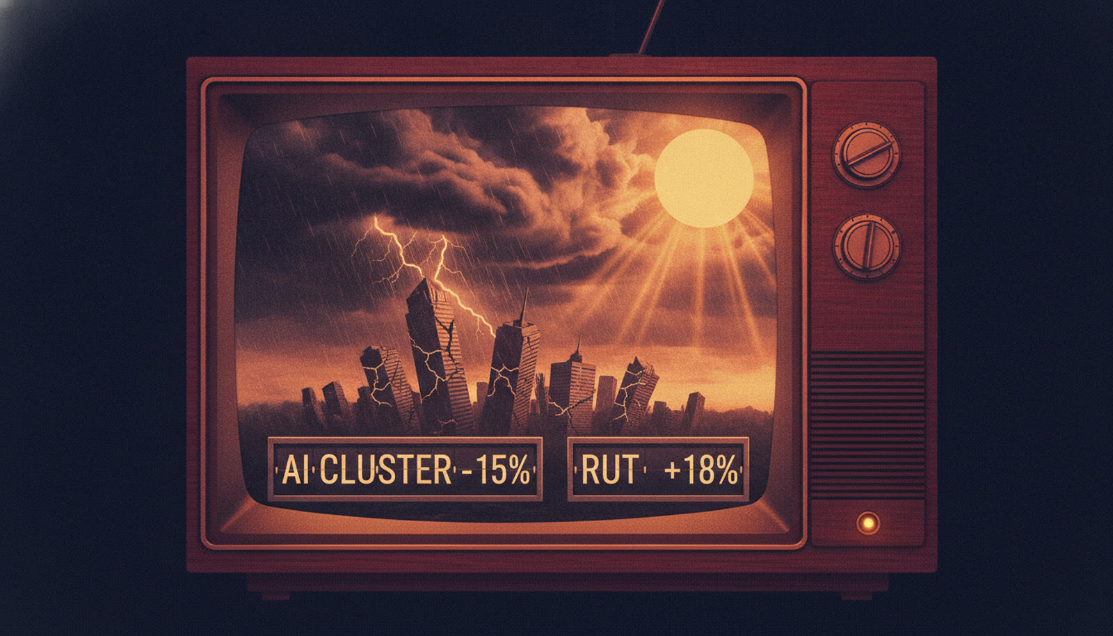 Storm-battered market weather map on a retro TV: AI cluster down 15 percent, Russell up 18