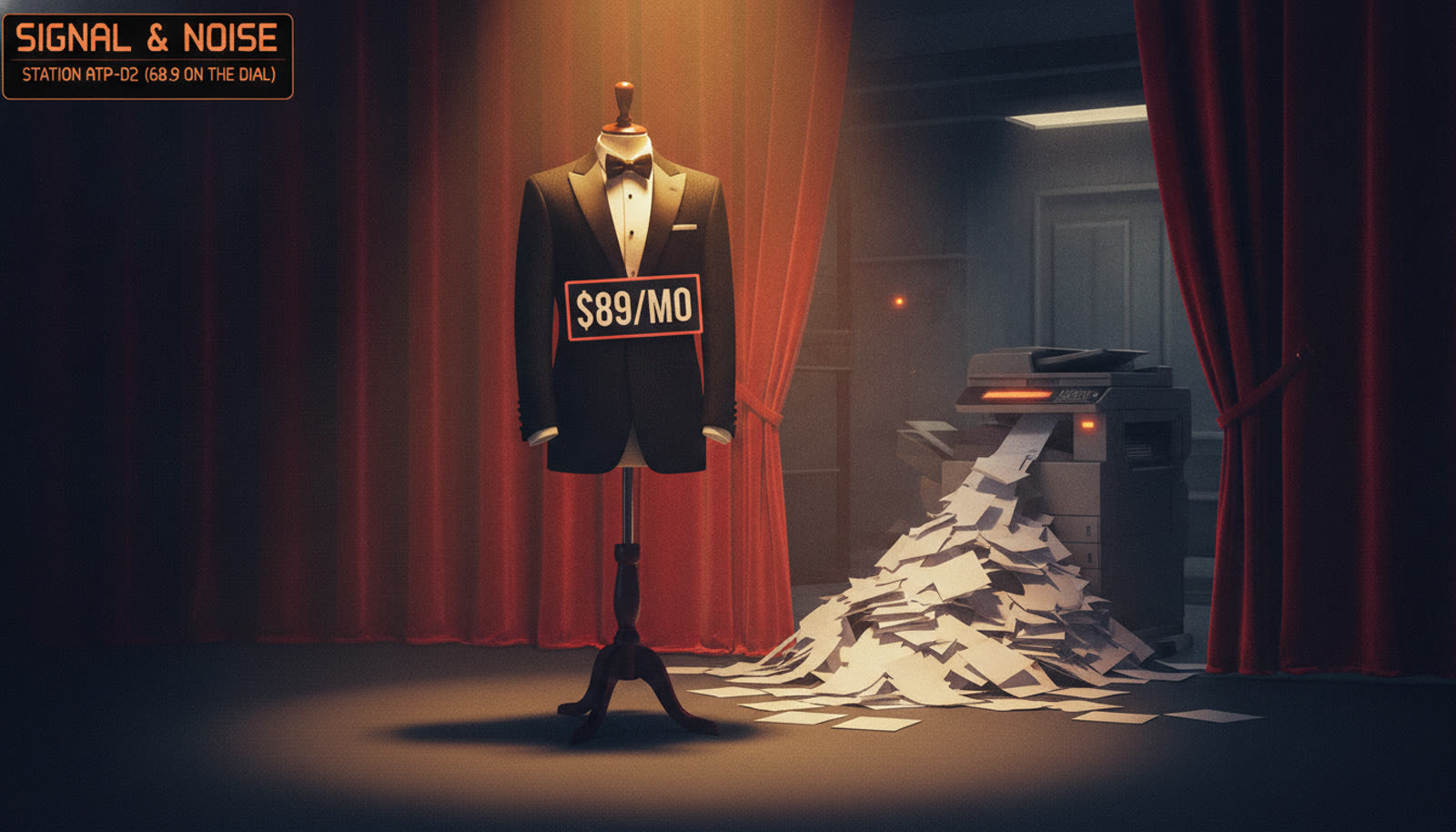 A spotlit tuxedo tagged $89/MO while a photocopier dumps paperwork behind the curtain