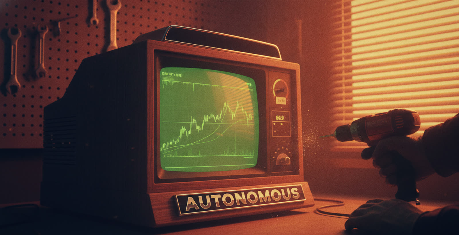 A 1980s trading terminal wearing a chrome AUTONOMOUS badge while a hand drills it in a workshop