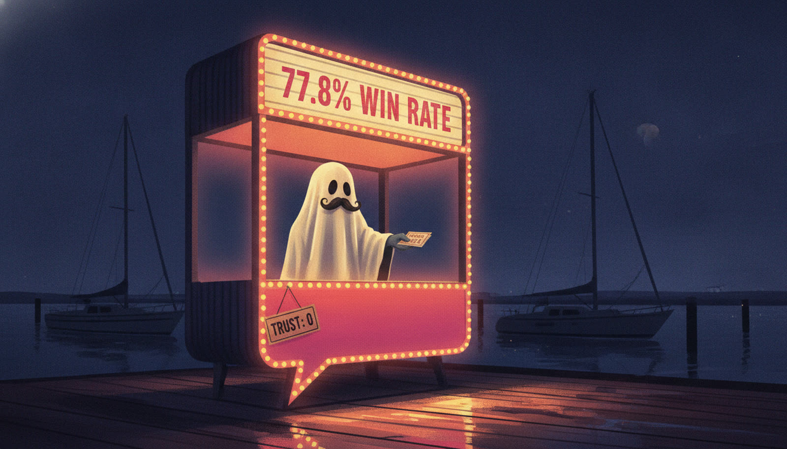 A mustached ghost in a marina ticket booth advertising a 77.8% win rate, trust score zero