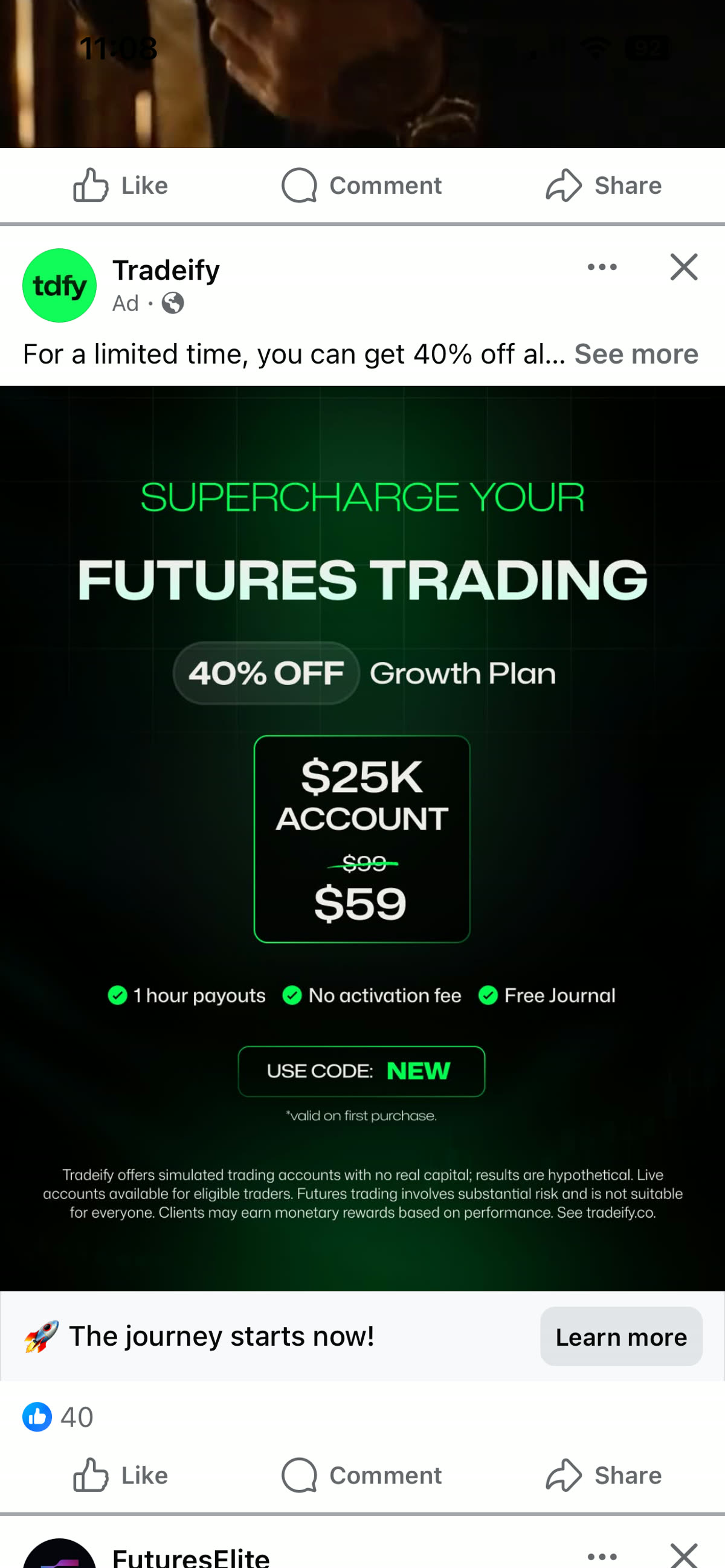 The actual Tradeify ad with the simulation disclaimer in frame