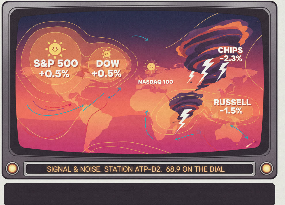 Green on the surface, split underneath — chips −2.3%, Russell −1.5%